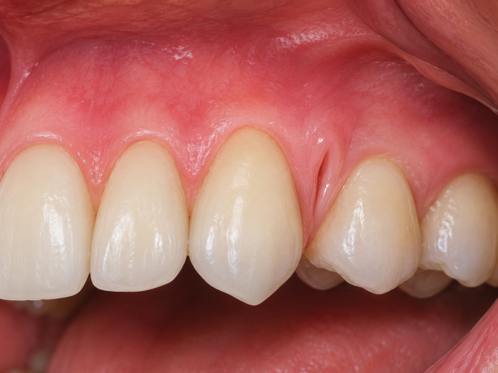 小臼歯抜歯後の空隙閉鎖部に生じた gingival cleft / gingival invagination の模式図です。歯間部軟組織に裂溝状の陥凹が残ることで、清掃性や炎症、後戻りに影響する可能性があります。