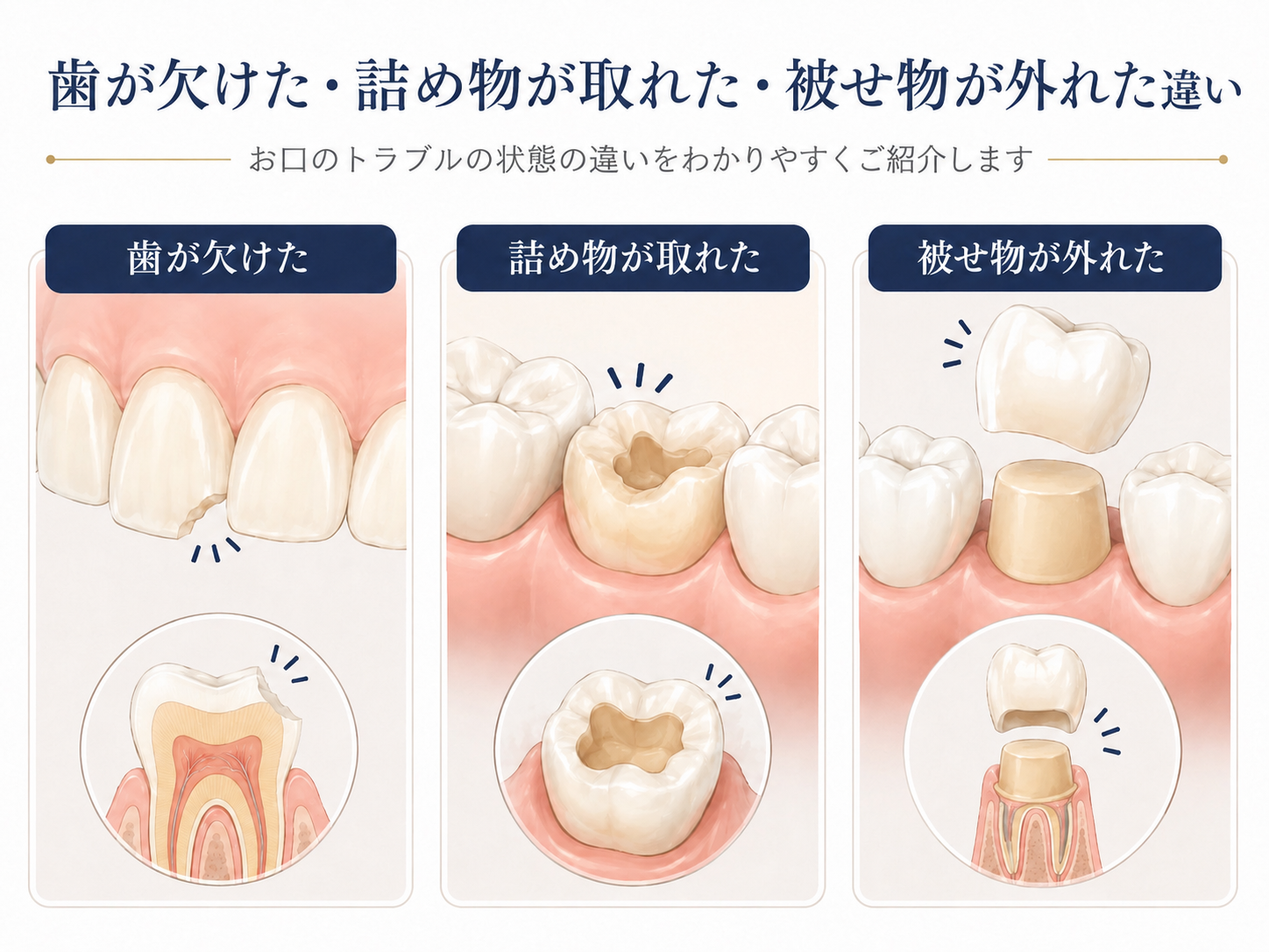 歯が欠けた・詰め物が取れた・被せ物が外れた違いを示した図