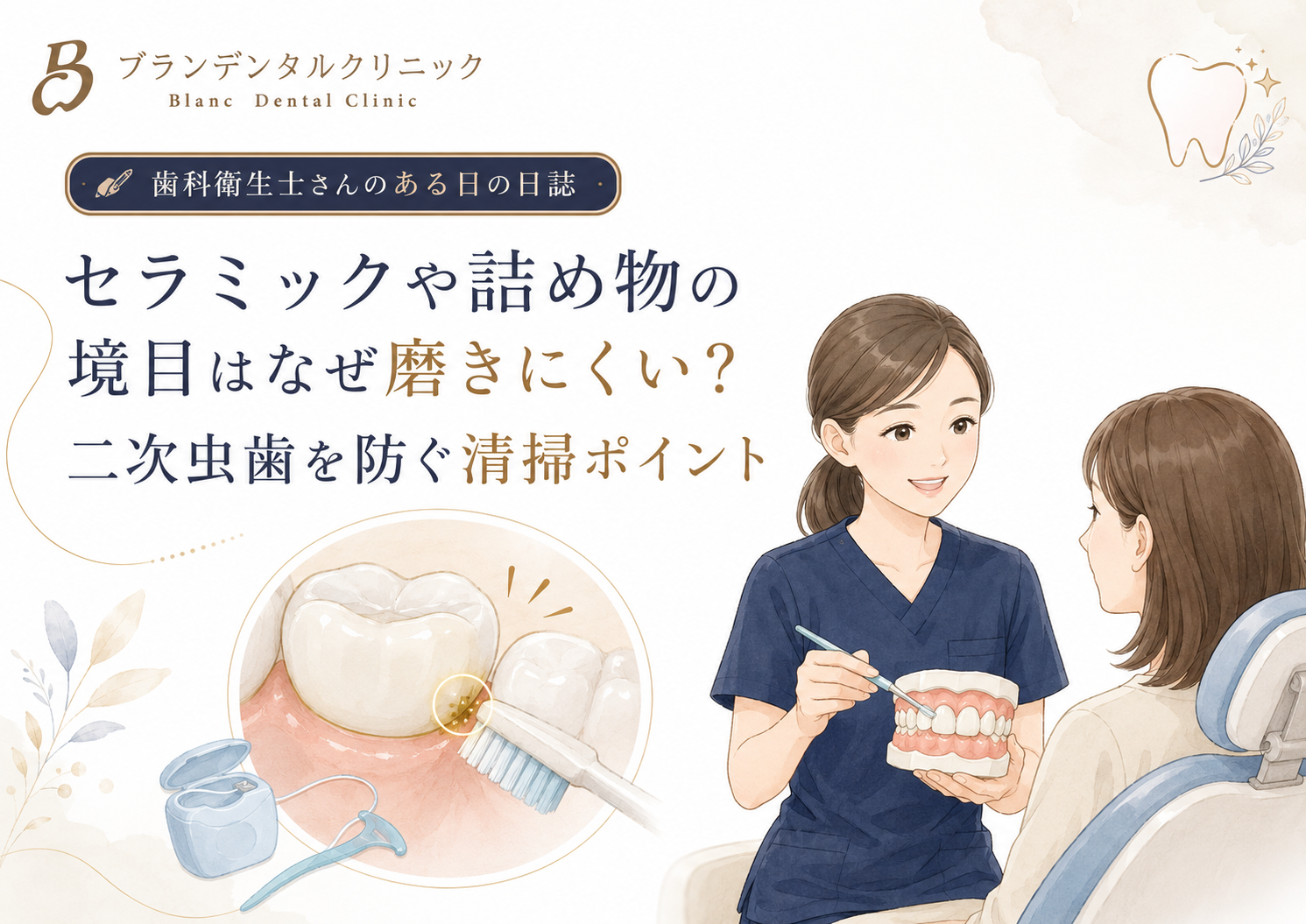 セラミックや詰め物の境目はなぜ磨きにくい?二次虫歯を防ぐ清掃ポイント