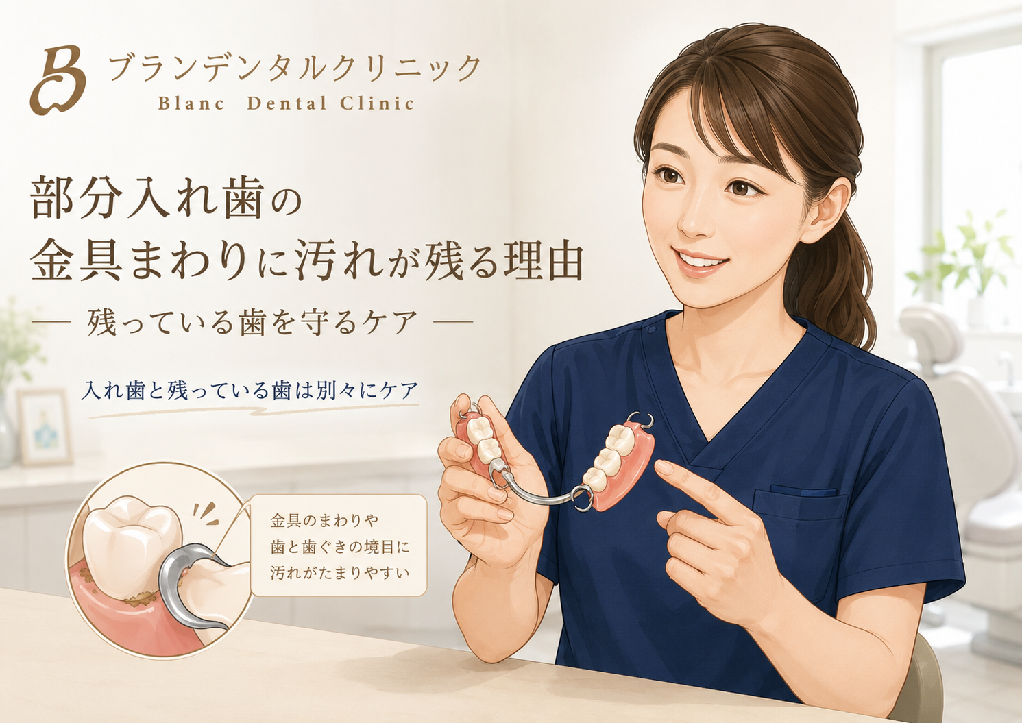 部分入れ歯の金具まわりに汚れが残る理由：残っている歯を守るケア