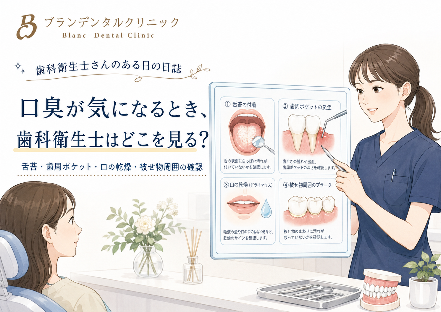 口臭が気になるとき、歯科衛生士はどこを見る？舌苔・歯周ポケット・口の乾燥・被せ物周囲の確認