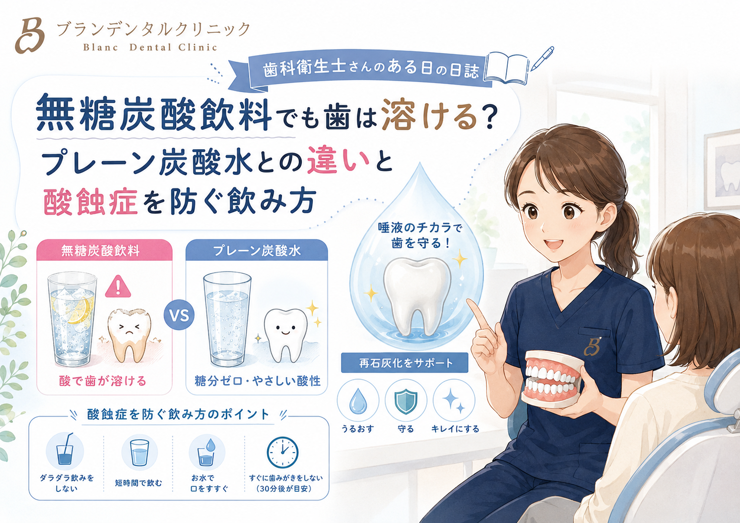 無糖炭酸飲料でも歯は溶ける？プレーン炭酸水との違いと酸蝕症を防ぐ飲み方