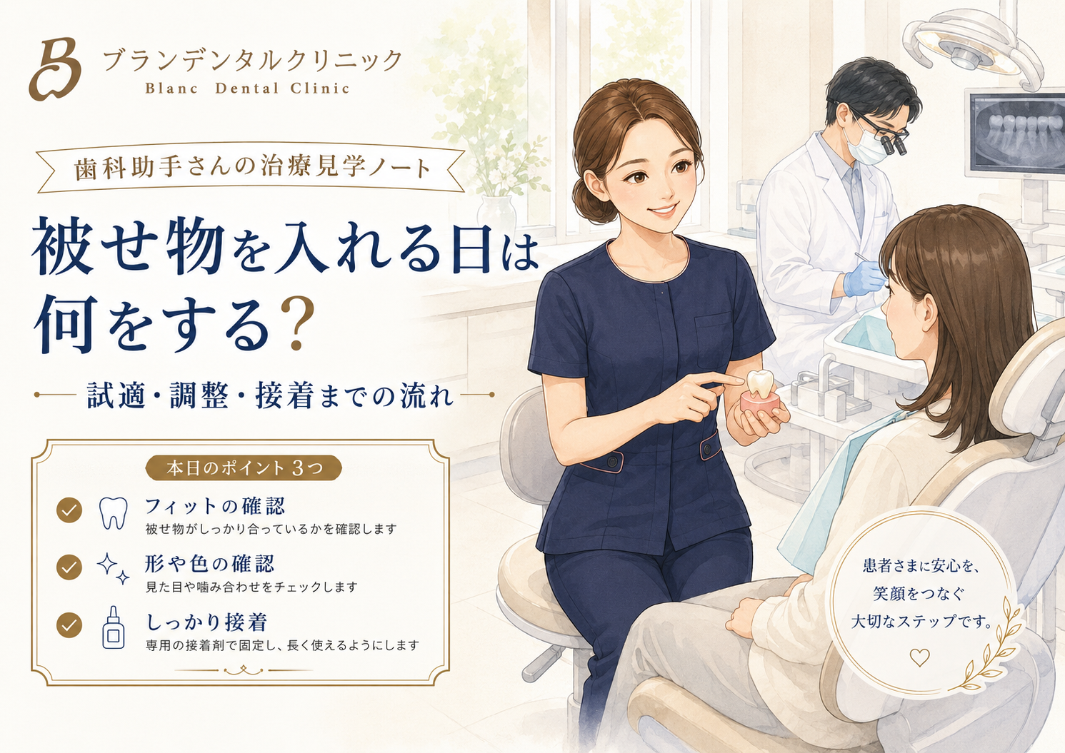 被せ物を入れる日は何をする？セット日の試適・調整・接着までの流れを歯科助手が解説