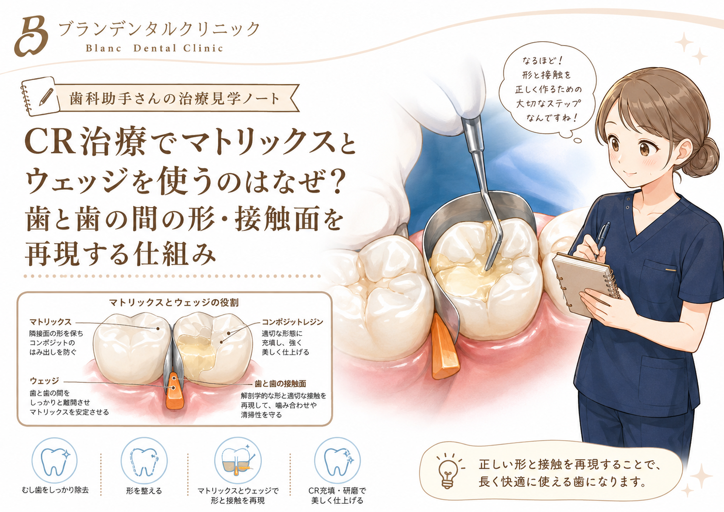 CR治療でマトリックスとウェッジを使うのはなぜ？歯と歯の間の形・接触面を再現する仕組み