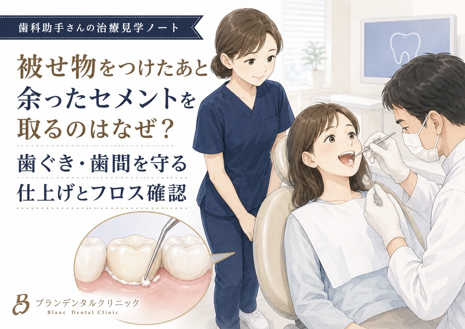 被せ物をつけたあと余ったセメントを取るのはなぜ?歯ぐき・歯間を守る仕上げとフロス確認