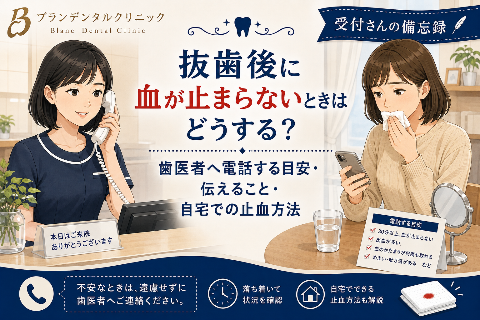 抜歯後に血が止まらないときはどうする？歯医者へ電話する目安・伝えること・自宅での止血方法