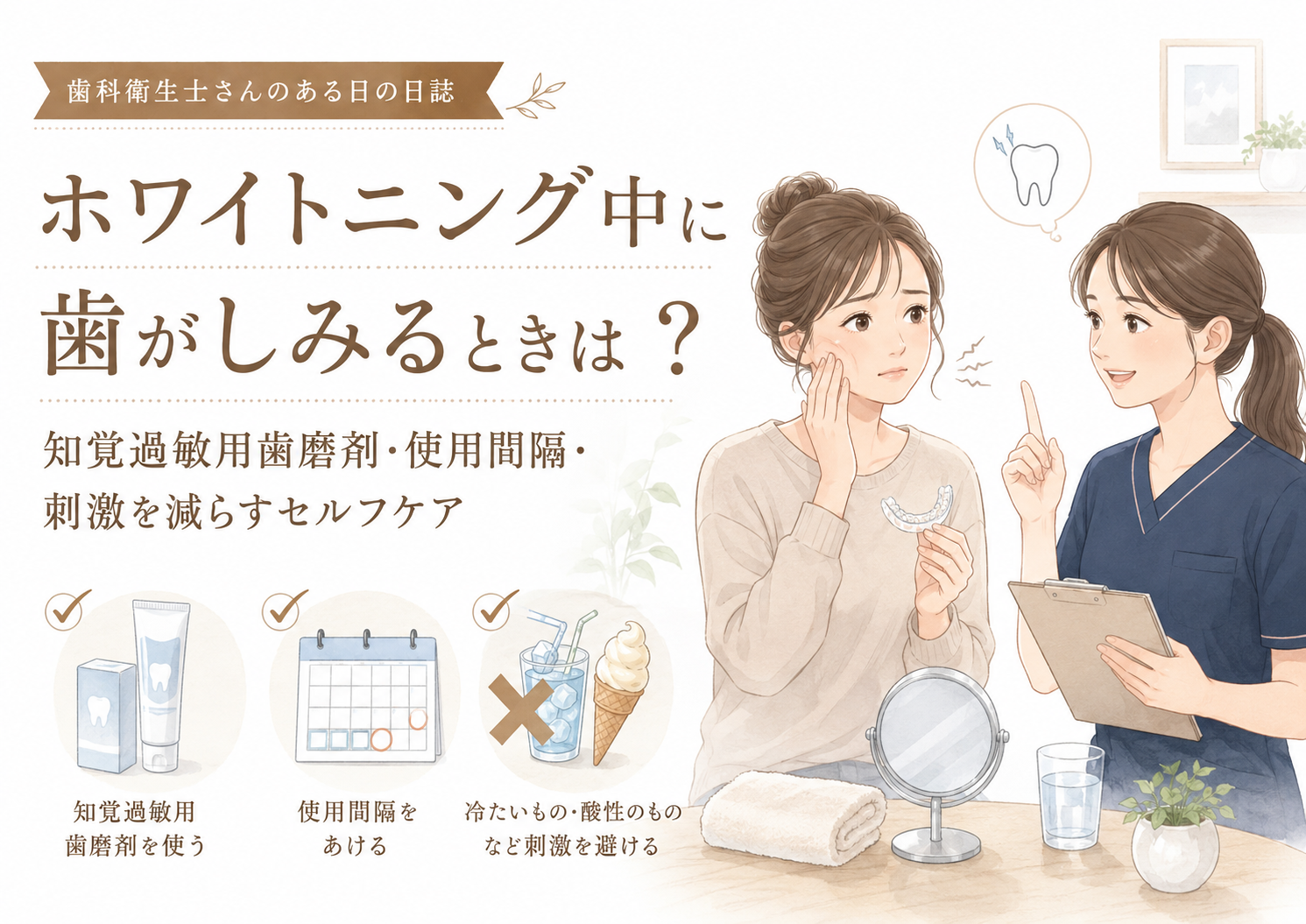 ホワイトニング中に歯がしみるときは？知覚過敏用歯磨剤・使用間隔・刺激を減らすセルフケア