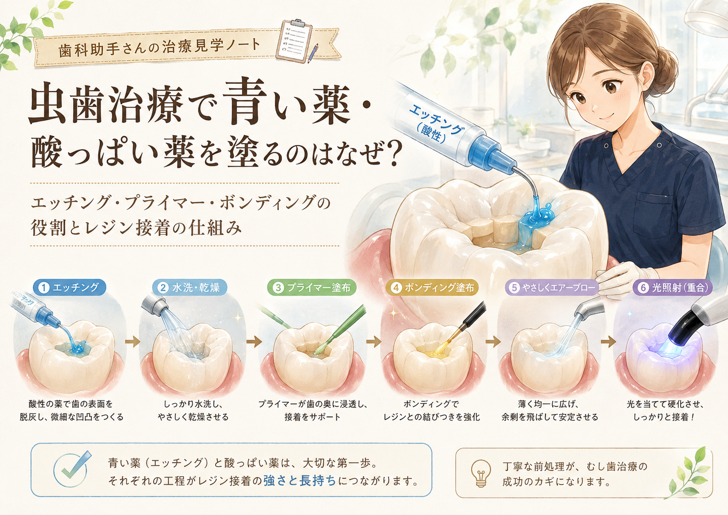 虫歯治療で青い薬・酸っぱい薬を塗るのはなぜ？エッチング・プライマー・ボンディングの役割とレジン接着の仕組み