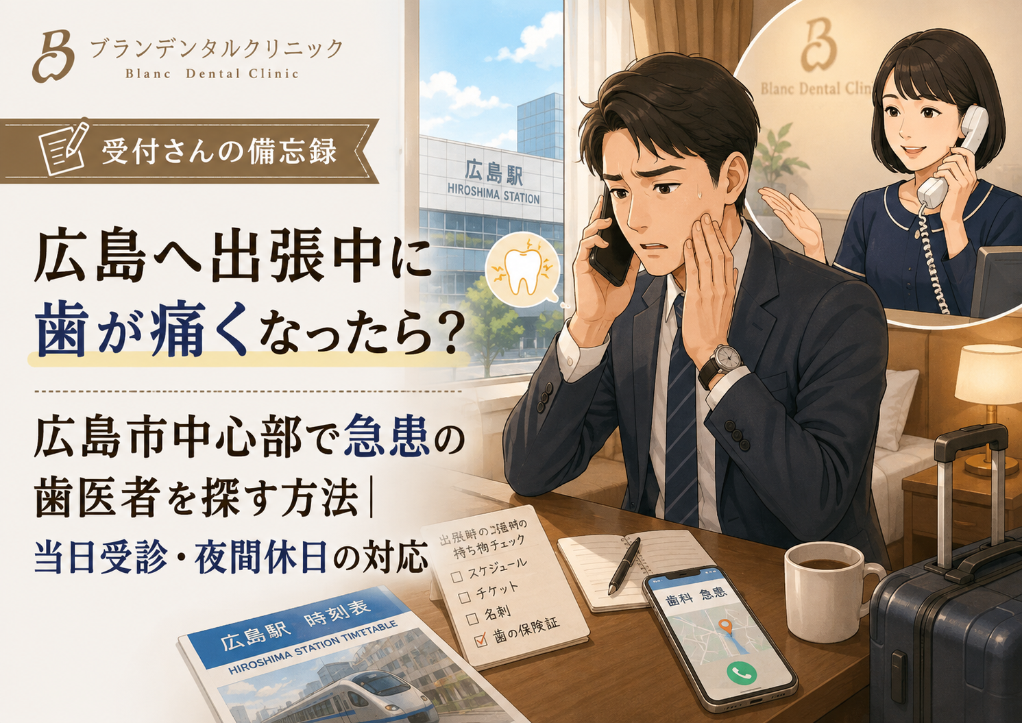 広島市中心部へ出張中に歯が痛くなったら？急患で歯医者を探す方法・当日受診・夜間休日の対応
