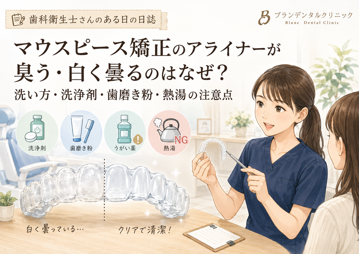 マウスピース矯正のアライナーが臭う・白く曇るのはなぜ？洗い方・洗浄剤・歯磨き粉・熱湯の注意点