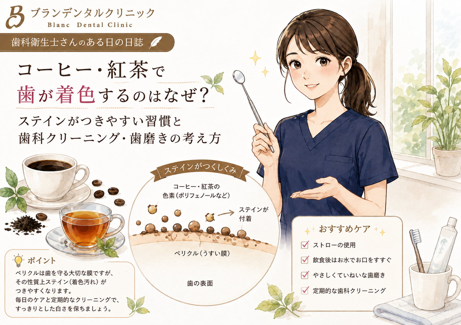 コーヒー・紅茶で歯が着色するのはなぜ？ステインがつきやすい習慣と歯科クリーニング・歯磨きの考え方