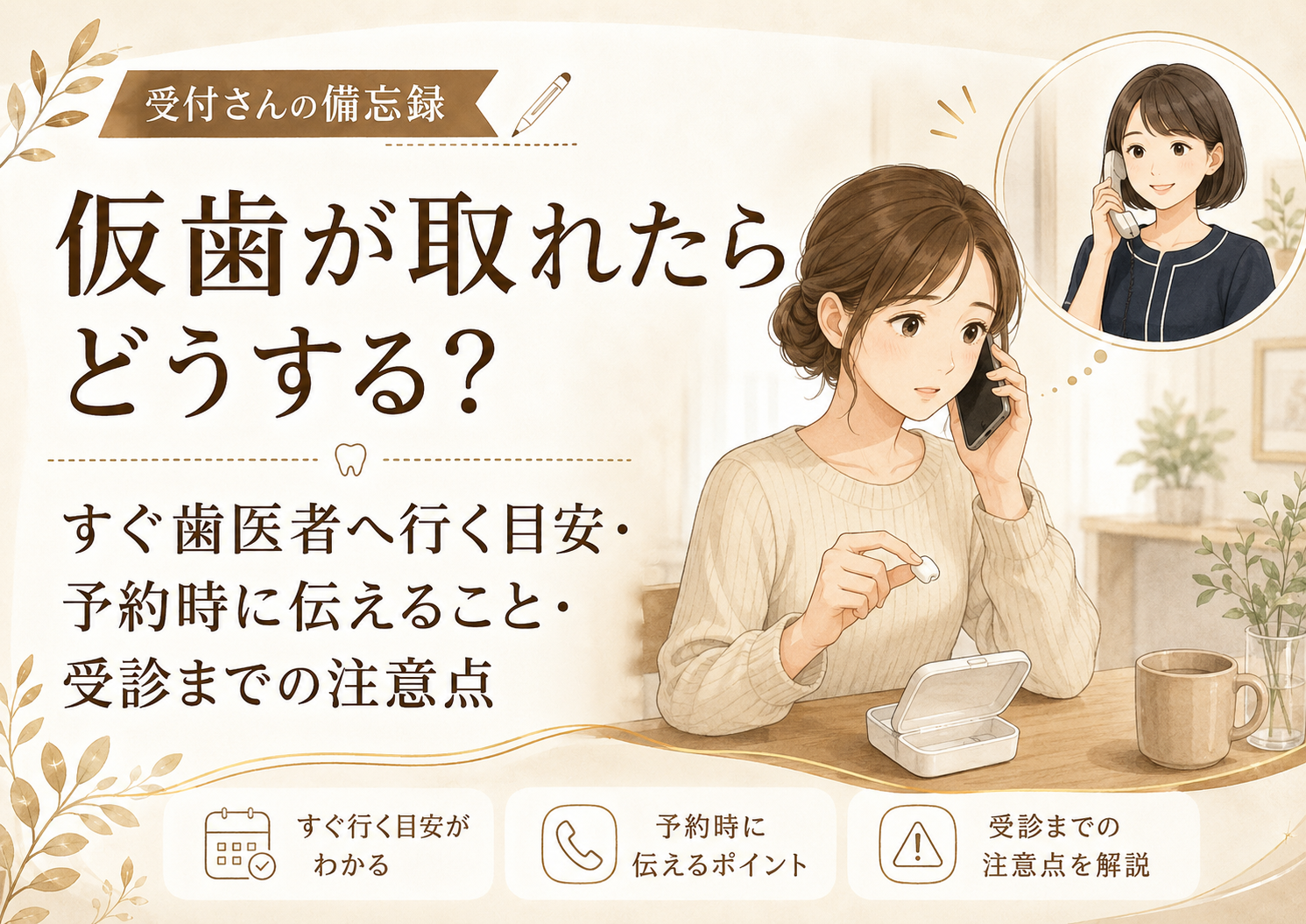 仮歯が取れたらどうする？すぐ歯医者へ行く目安・予約時に伝えること・受診までの注意点