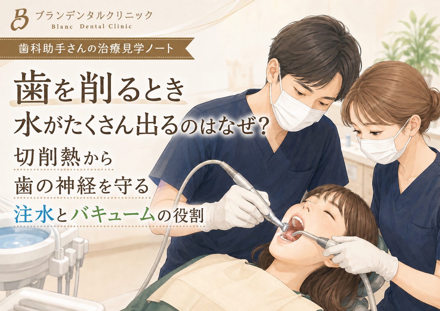 歯を削るとき水がたくさん出るのはなぜ？切削熱から歯の神経を守る注水とバキュームの役割