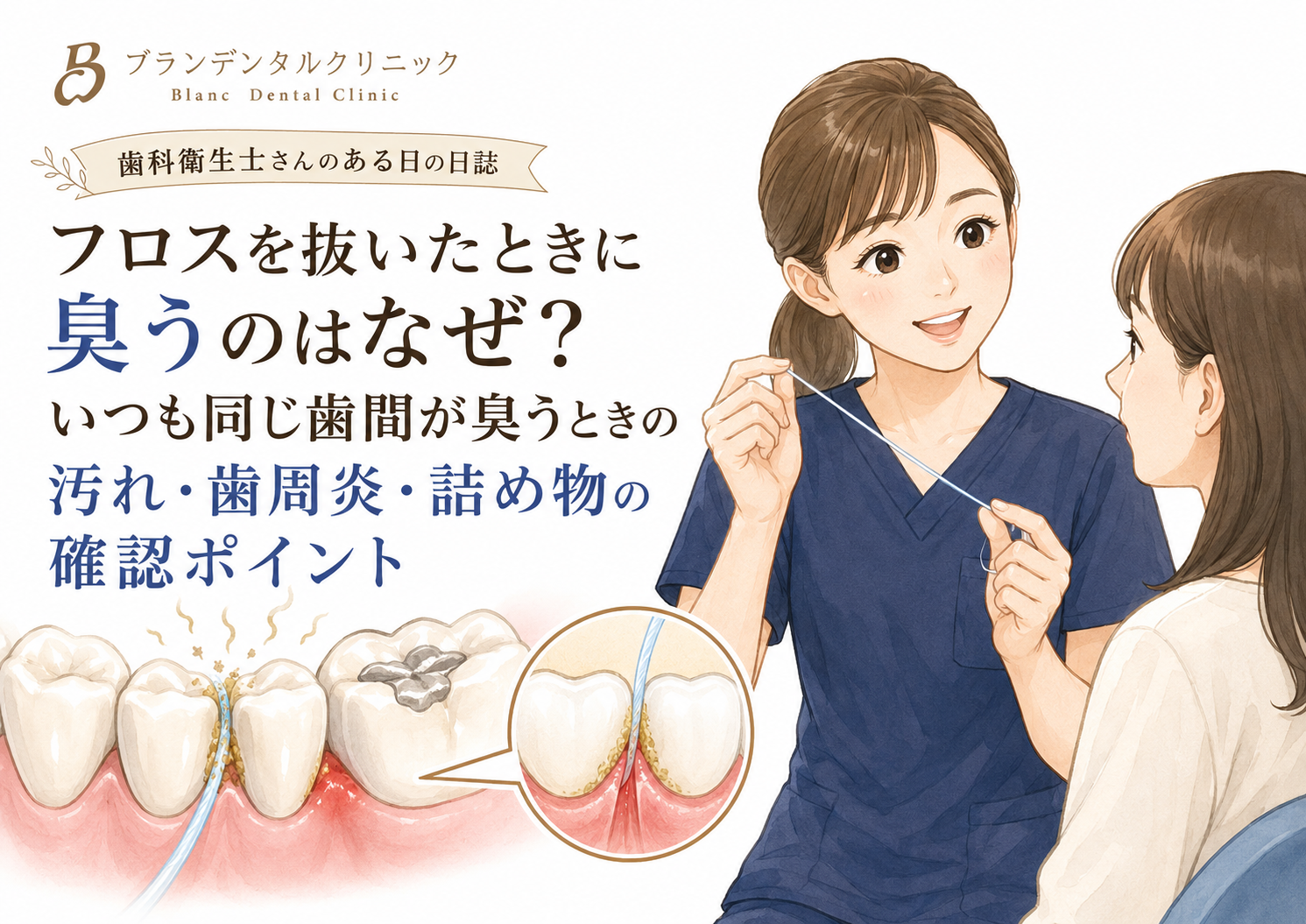 フロスを抜いたときに臭うのはなぜ？いつも同じ歯間が臭うときの汚れ・歯周炎・詰め物の確認ポイント