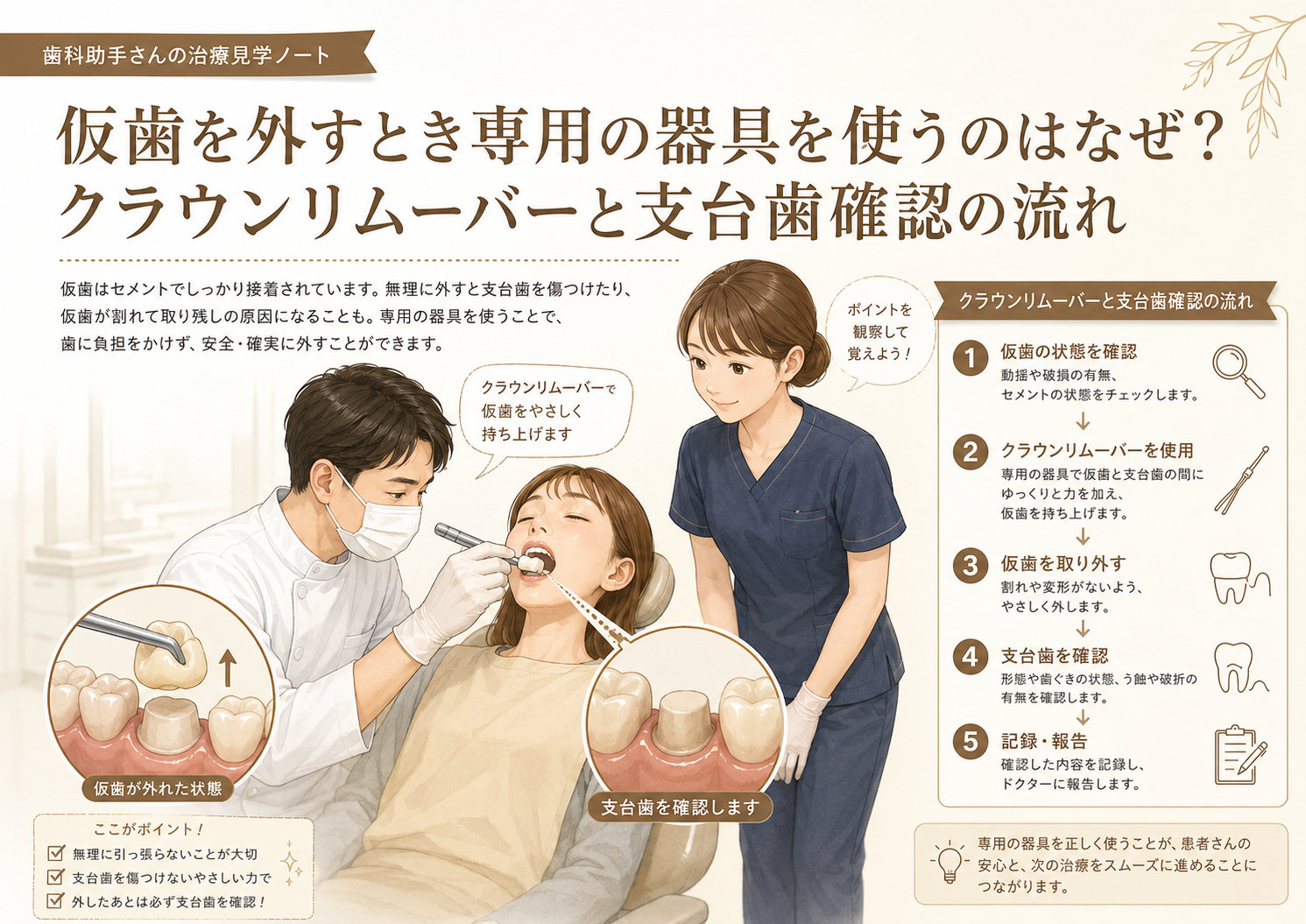 仮歯を外すとき専用の器具を使うのはなぜ？クラウンリムーバーと支台歯確認の流れ