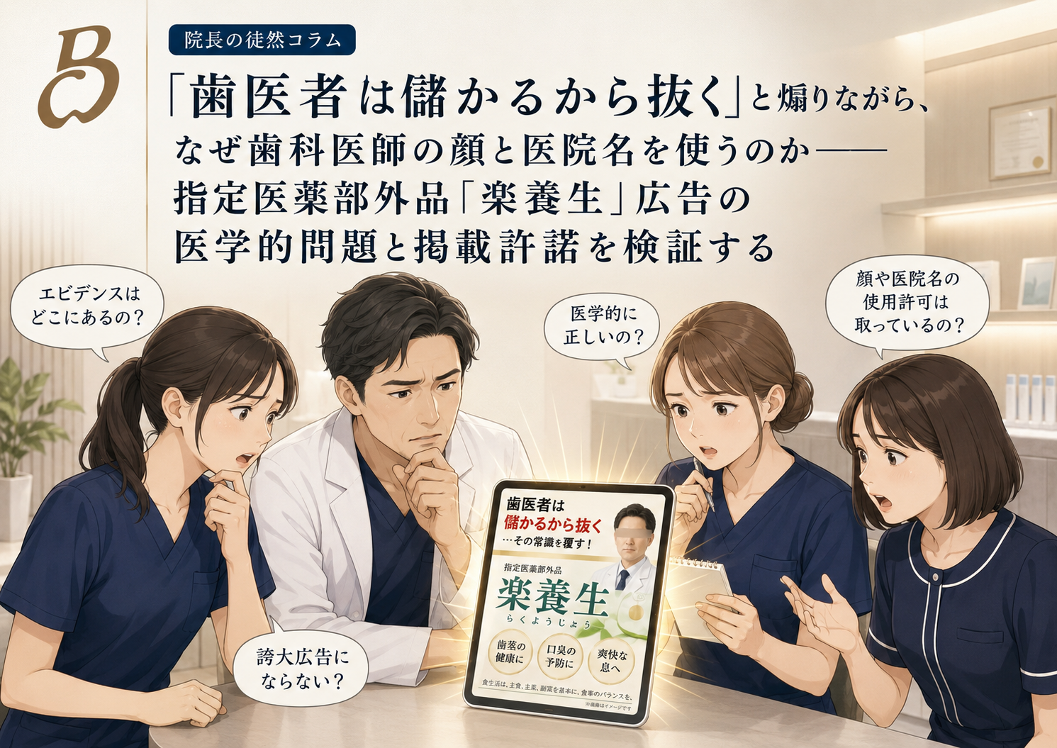 「歯医者は儲かるから抜く」と煽りながら、なぜ歯科医師の顔と医院名を使うのか？指定医薬部外品「楽養生」広告の医学的問題と掲載許諾を検証する