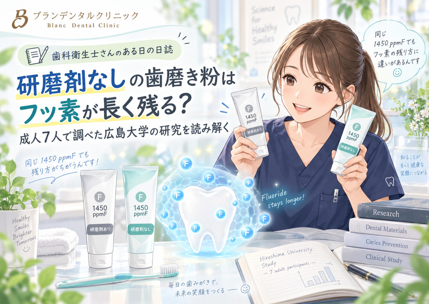 研磨剤なしの歯磨き粉はフッ素が長く残る？成人7人で調べた広島大学の研究を読み解く