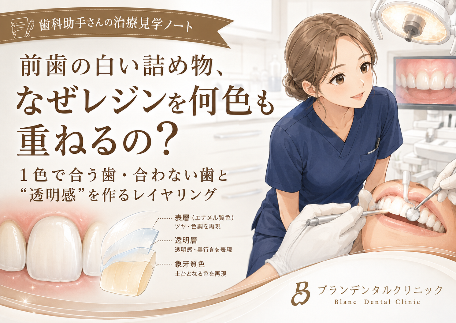 前歯の白い詰め物、なぜレジンを何色も重ねるの？1色で合う歯・合わない歯と“透明感”を作るレイヤリング