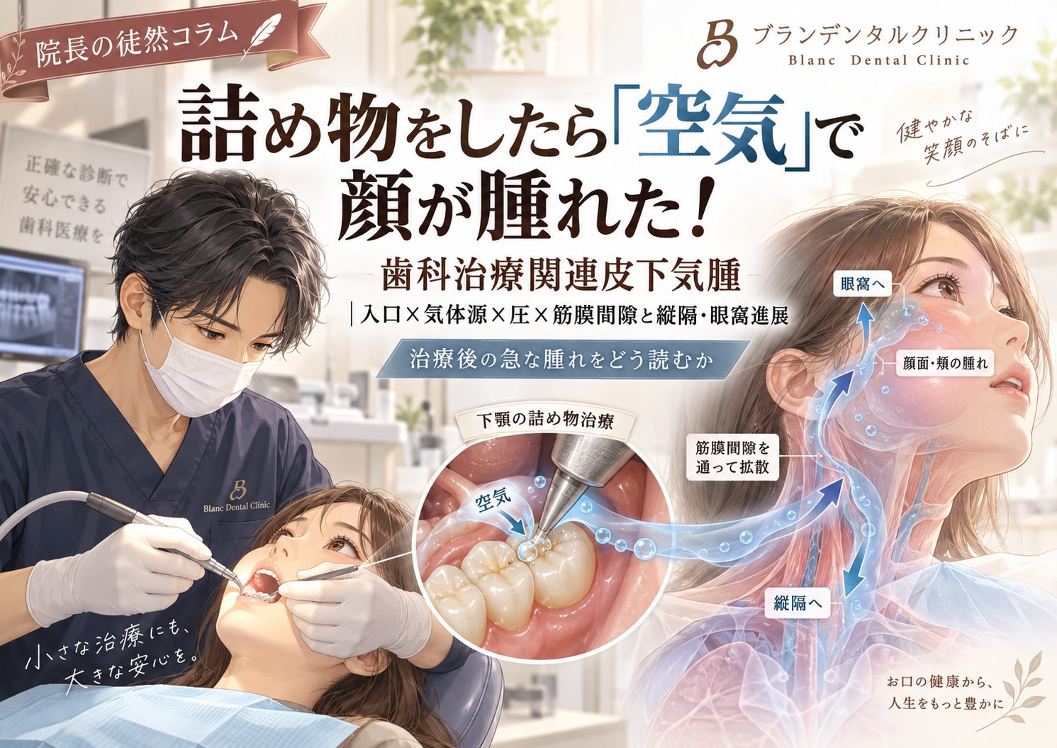 詰め物をしたら｢空気｣で顔が腫れた！歯科治療関連皮下気腫｜入口×気体源×圧×筋膜間隙と縦隔・眼窩進展