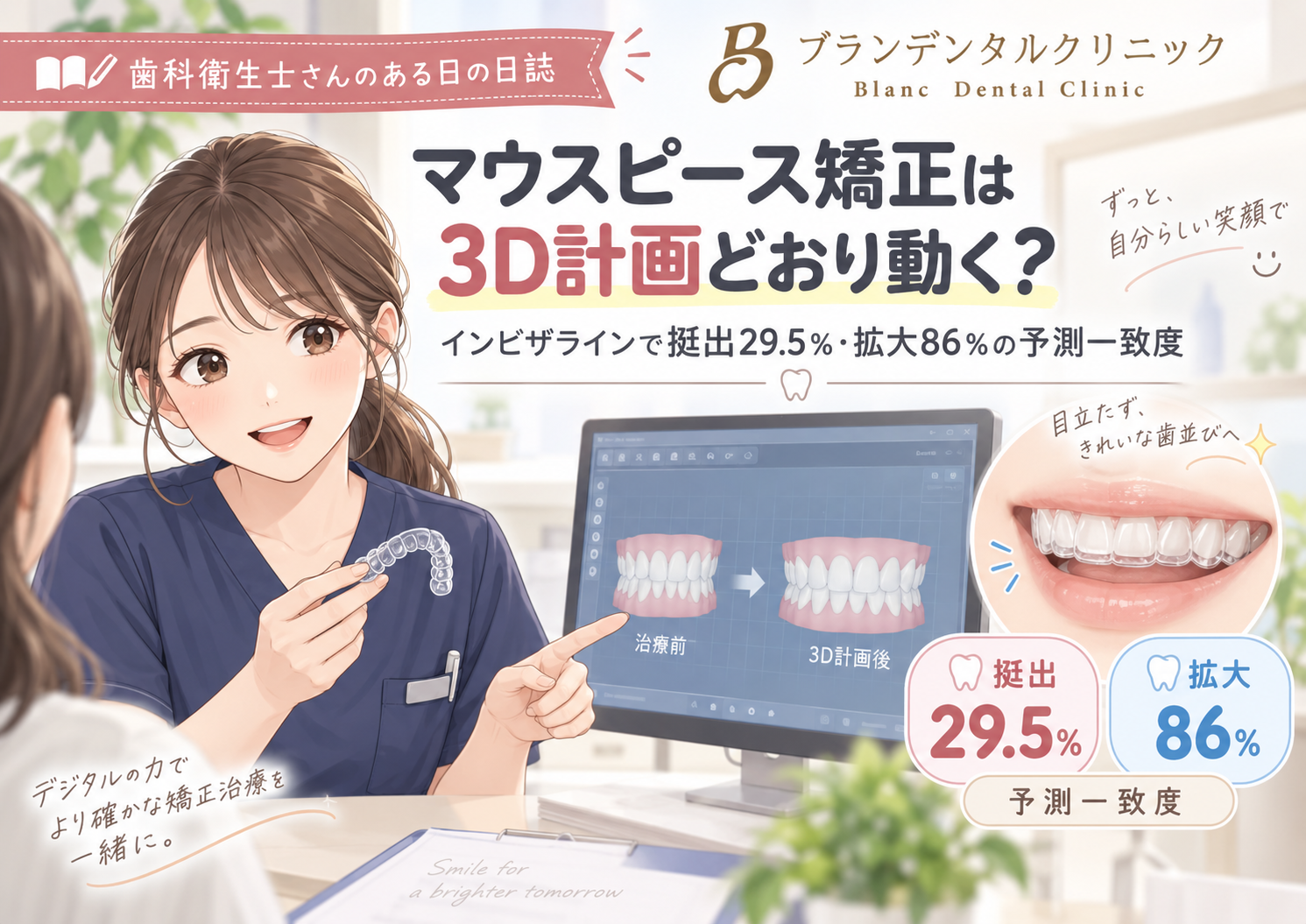 マウスピース矯正は3D計画どおり動く？インビザラインで挺出29.5％・拡大86％の予測一致度