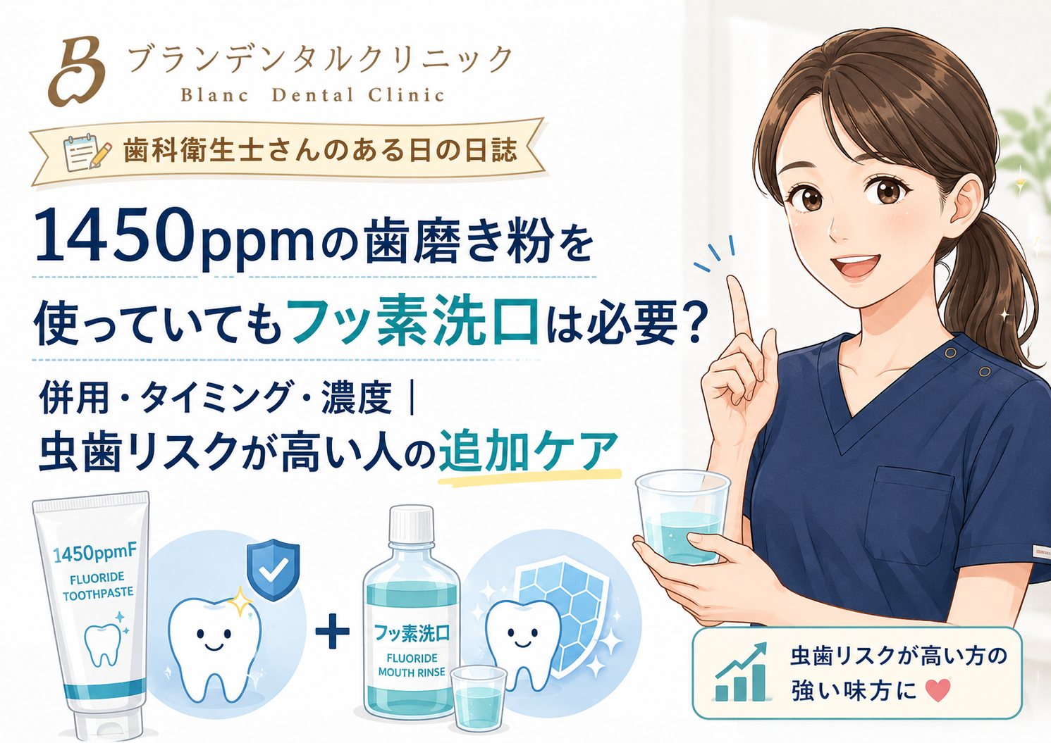 1450ppmの歯磨き粉を使っていてもフッ素洗口は必要？併用・タイミング・濃度｜虫歯リスクが高い人の追加ケア