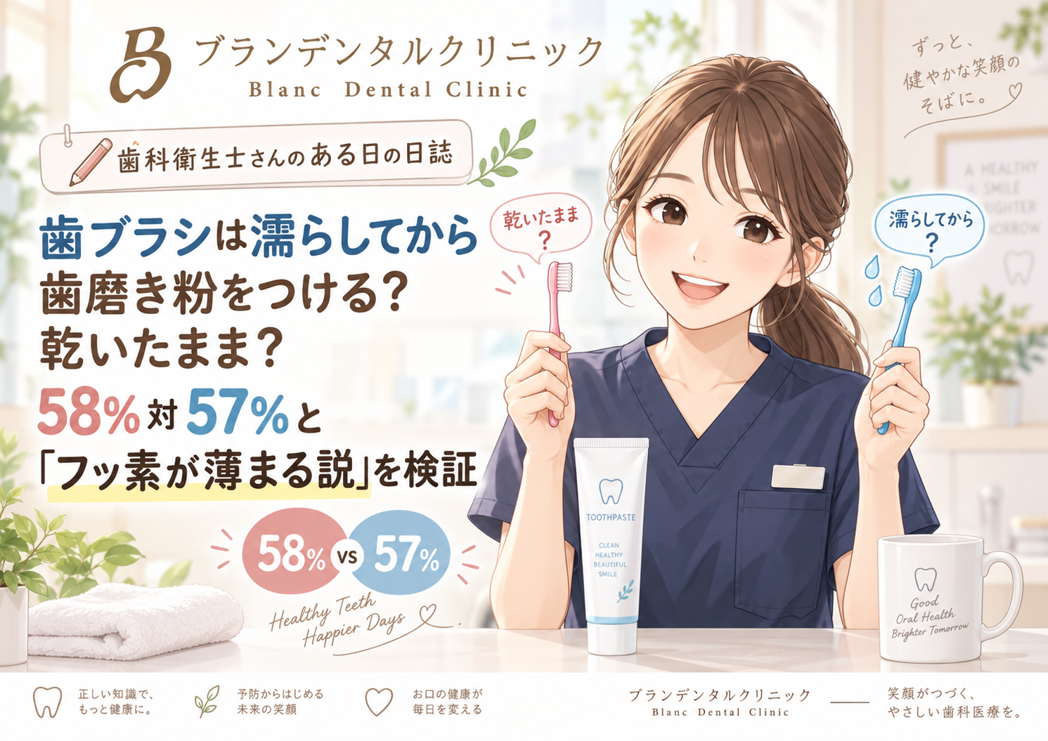 歯ブラシは濡らしてから歯磨き粉をつける？乾いたまま？58％対57％と「フッ素が薄まる説」を検証