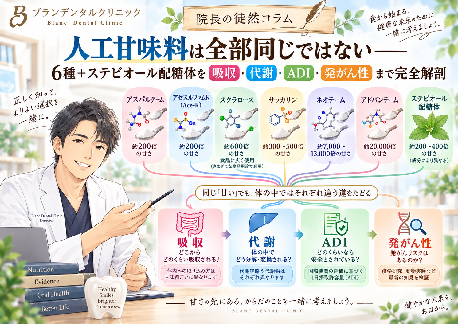 人工甘味料は全部同じではない――6種＋ステビオール配糖体を吸収・代謝・ADI・発がん性まで完全解剖