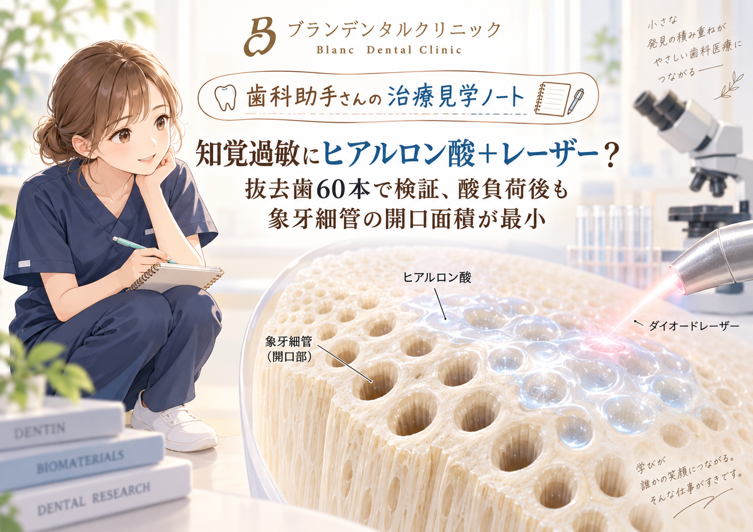 知覚過敏にヒアルロン酸＋レーザー？抜去歯60本で検証、酸負荷後も象牙細管の開口面積が最小