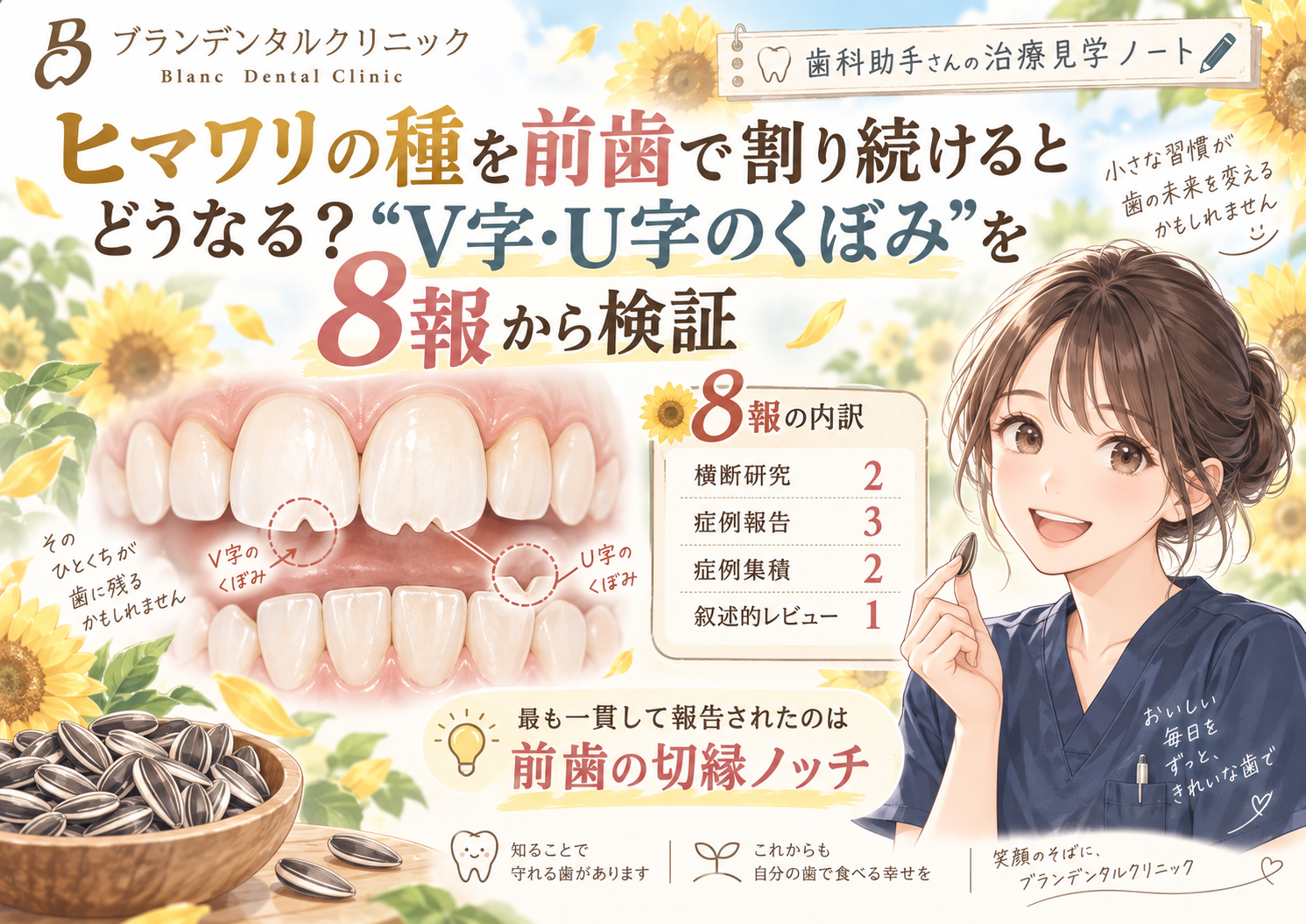 ヒマワリの種を前歯で割り続けるとどうなる？“V字・U字のくぼみ”を8報から検証