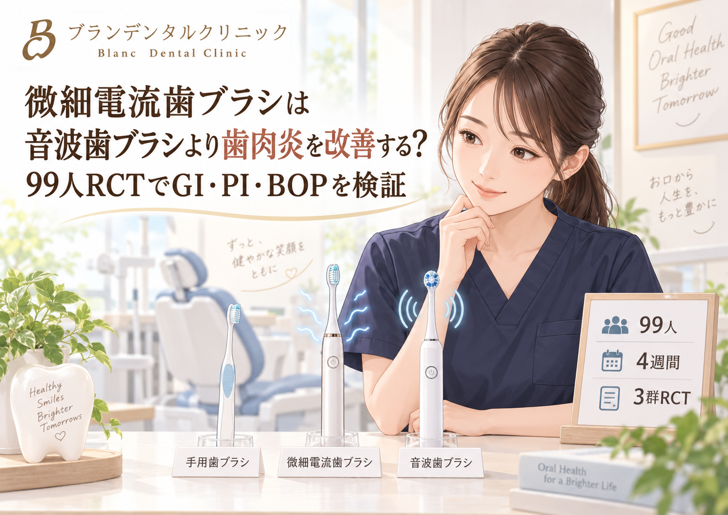 微細電流歯ブラシは音波歯ブラシより歯肉炎を改善する？99人RCTでGI・PI・BOPを検証