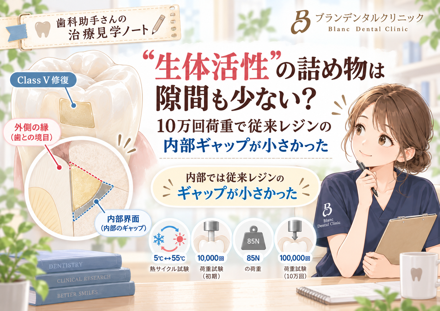 “生体活性”の詰め物は隙間も少ない？10万回荷重で従来レジンの内部ギャップが小さかった
