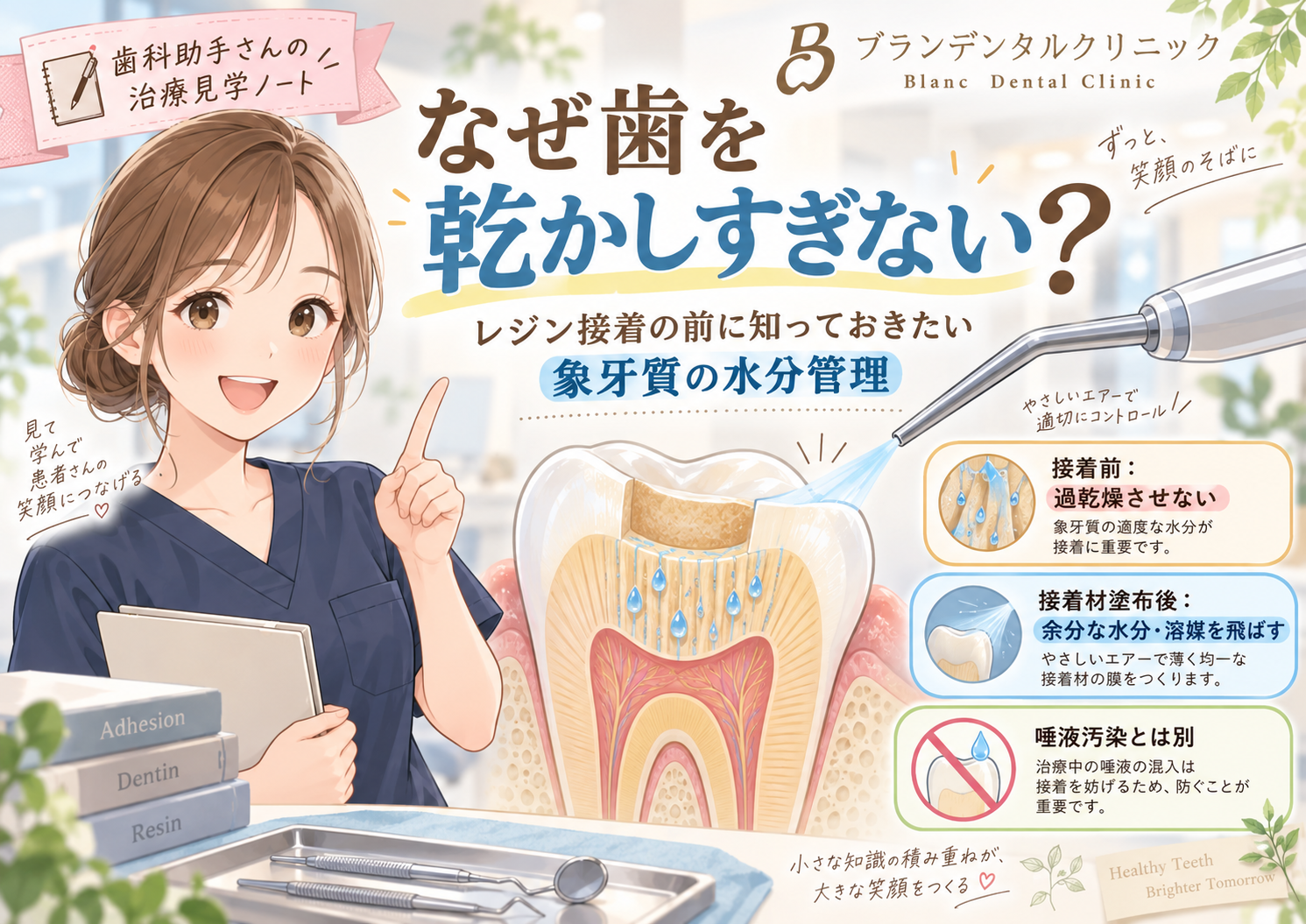 レジンを詰める前、なぜ歯を乾かしすぎない？象牙質の水分管理とエアーの役割