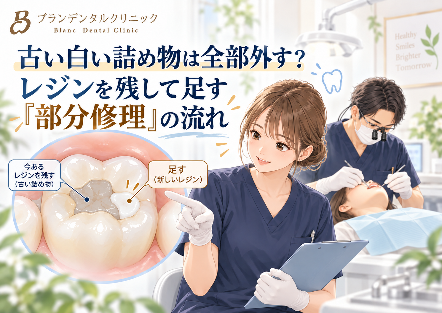 古い白い詰め物は全部外す?レジンを残して足す「部分修理」の流れ