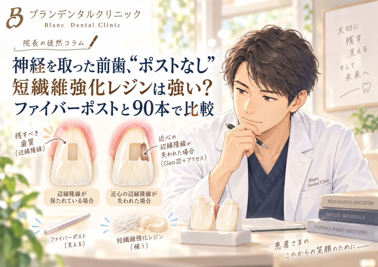 神経を取った前歯、“ポストなし”短繊維強化レジンは強い？ファイバーポストと90本で比較