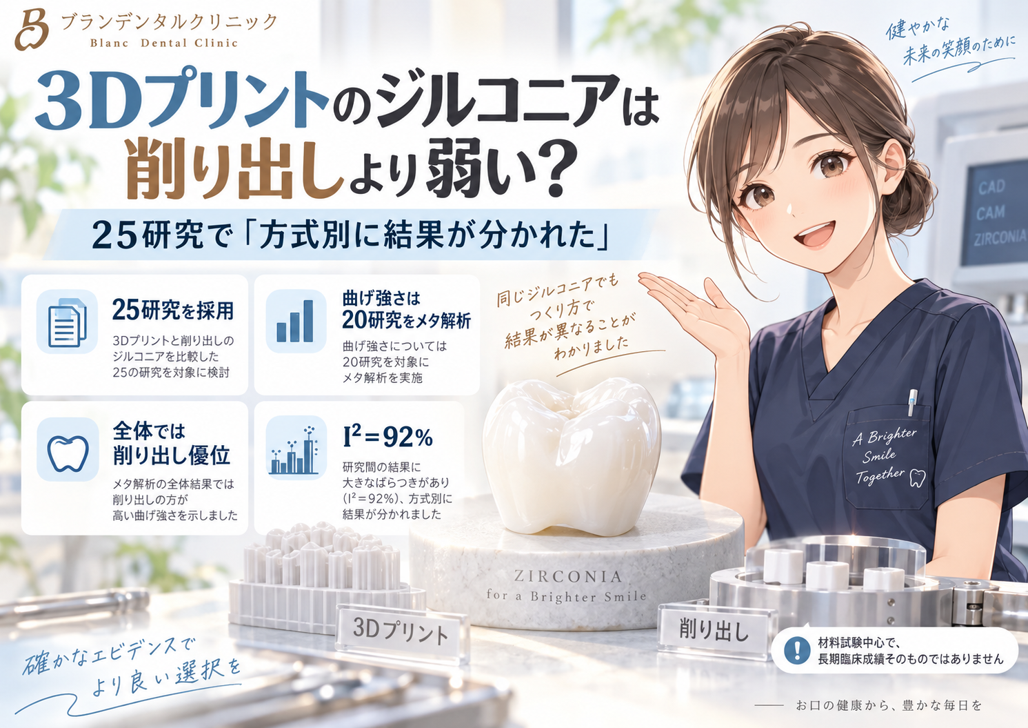3Dプリントのジルコニアは削り出しより弱い？25研究で「方式別に結果が分かれた」